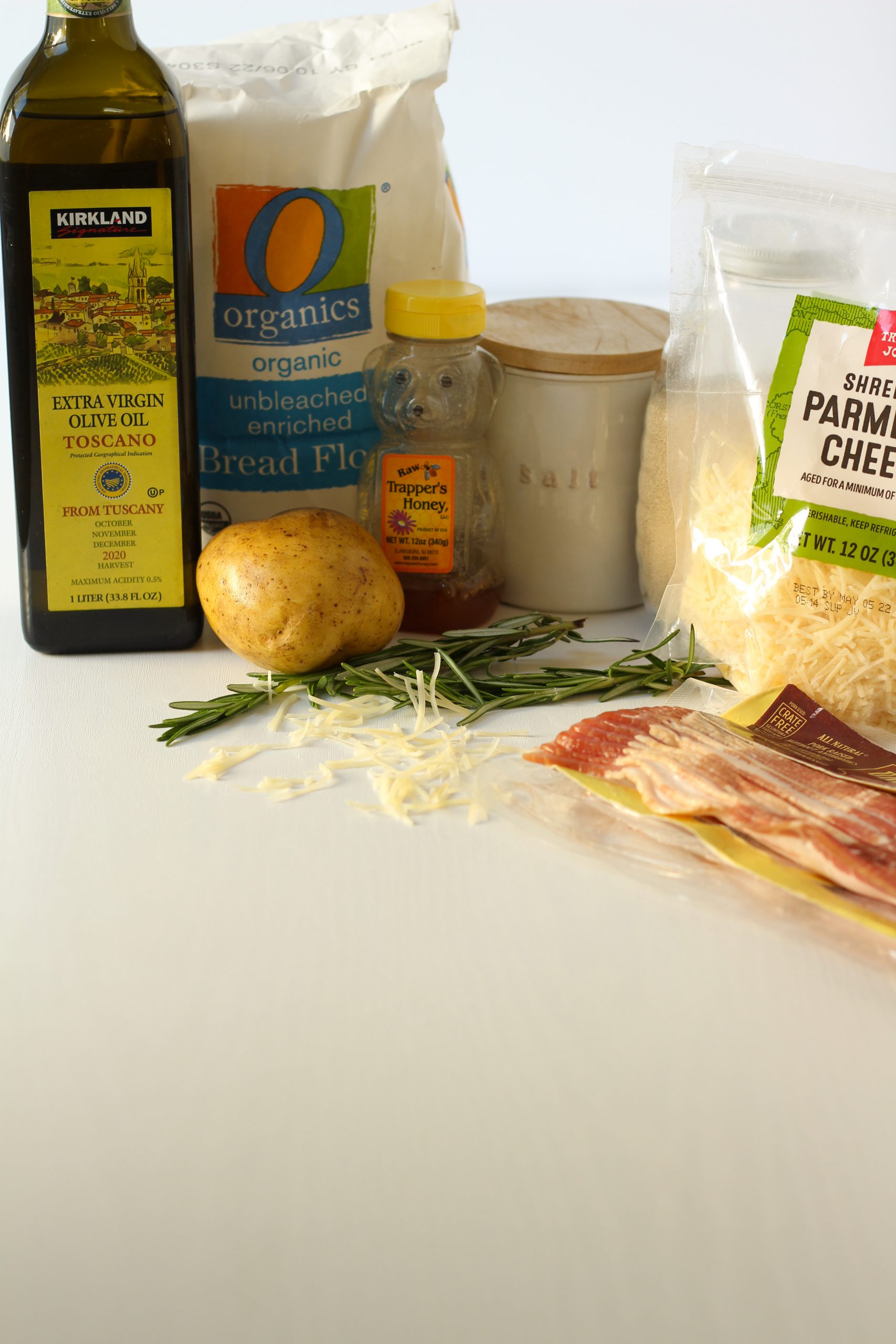Ingredients for focaccia bread with topping ingredients 