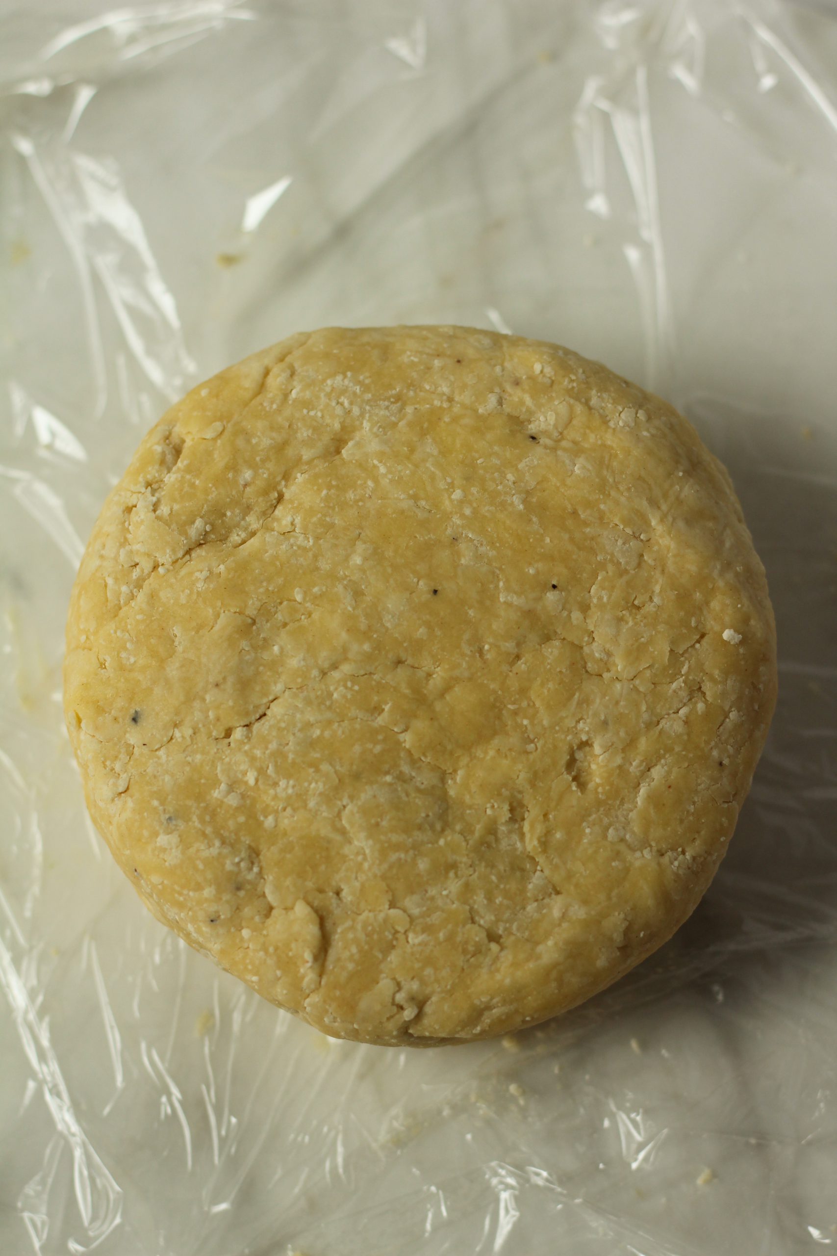 Savory pie dough ready to rest in fridge